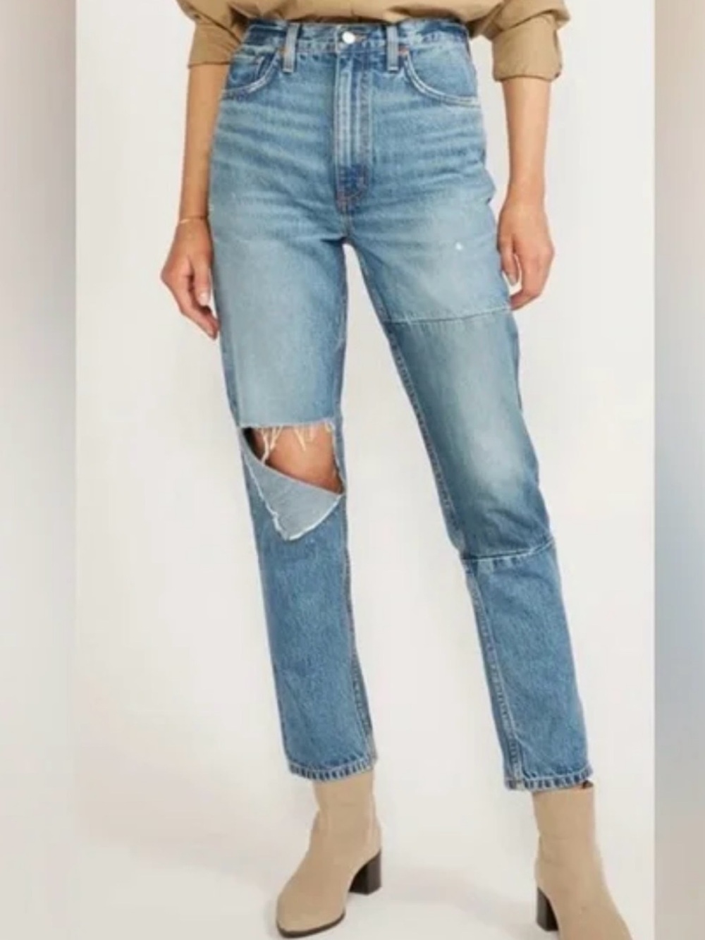 Etica Light Blue High-Rise Patchwork Distressed Jeans